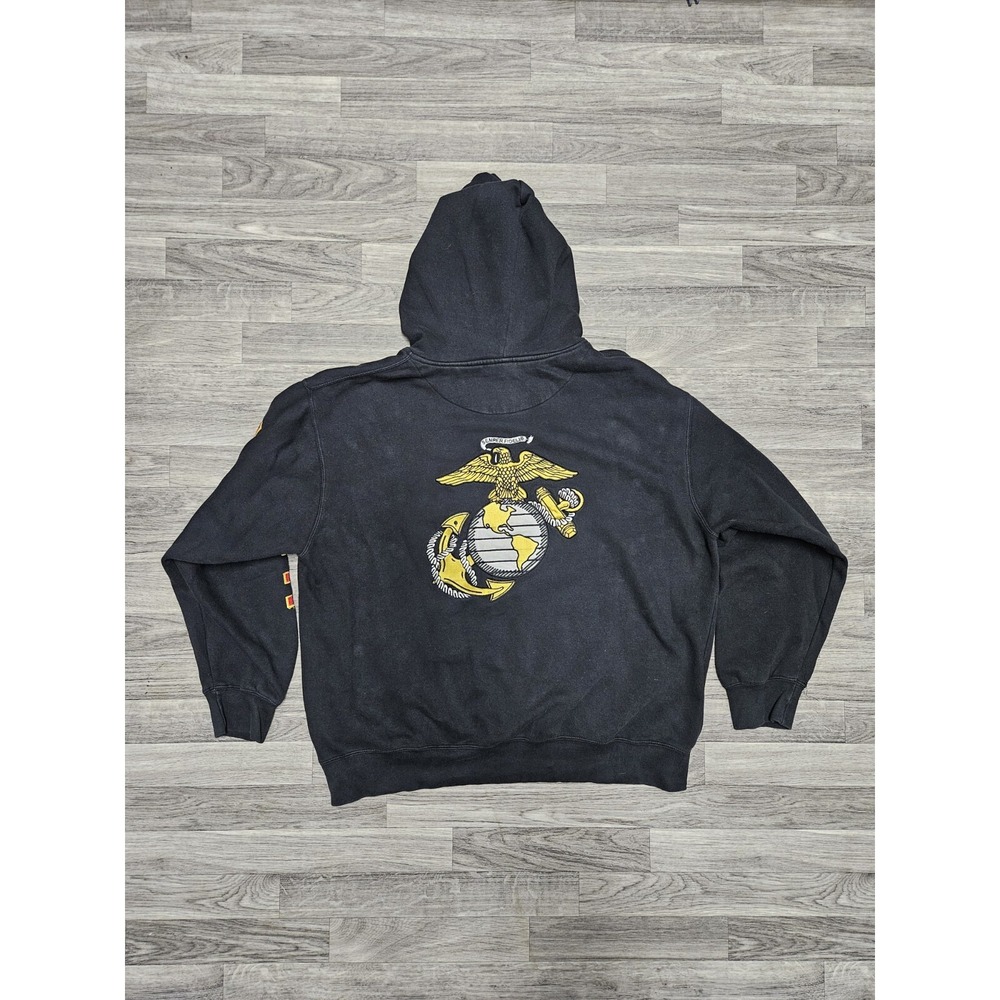 Vintage Marine Simper Fi Black Hoodie Size X-Large Sleeve Spellout MV Sport - Picture 5 of 8